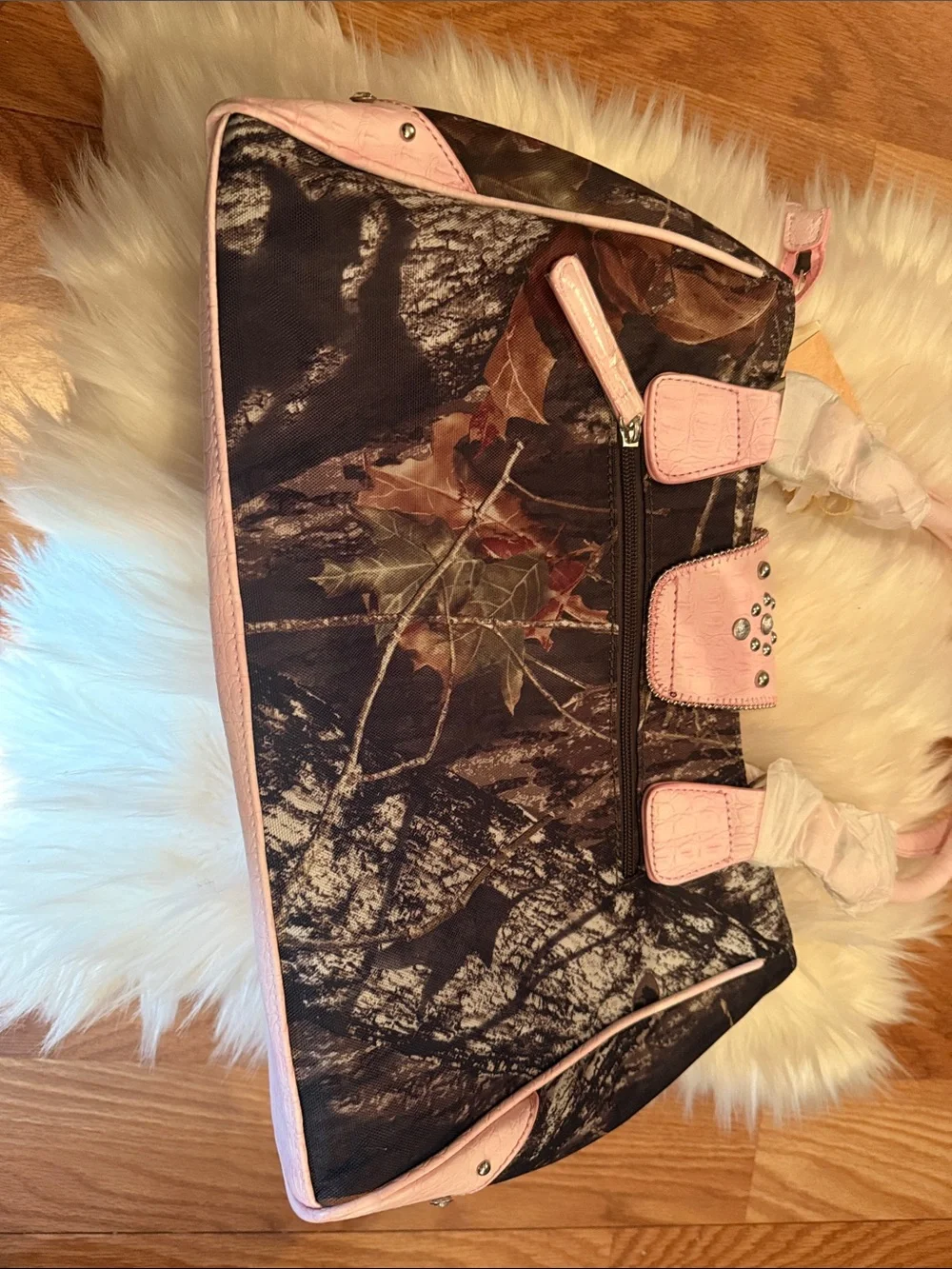 Mossy Oak Camo Satchel with Pink Trim and Stud Accents - Picture 5 of 7
